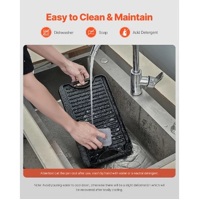 VEVOR Reversible Grill/Griddle, 14x8.5 Inch Pre-Seasoned Cast Iron Griddle, Portable Rectangular Pan With Handle, Family Cookware, Black 5 VEVOR Reversible Grill/Griddle, 14x8.5 Inch Pre-Seasoned Cast Iron Griddle, Portable Rectangular Pan With Handle, Family Cookware, Black - Image 5