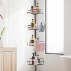 VEVOR Shower Corner Caddy Tension Pole, 56" To 114" High, Multi-Functional Shower Tension Pole With Strong Load-Bearing Tray, Black