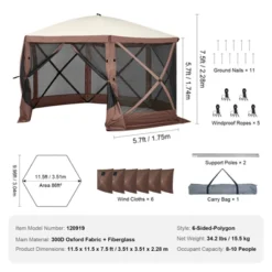 VEVOR Pop Up Gazebo Tent, Pop-Up Screen Tent 6 Sided Canopy Sun Shelter, 11.5x11.5FT Quick Set Screen Tent With Mosquito Netting, Brown -Vevor GUEST a775e9bf fe3d 4c32 89d4 5cfb1d0c3c16