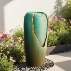 VEVOR Outdoor Water Fountain, 30.71 In Height Fountain And Waterfall, 1-Tier Floor Standing Glazed Jar Style Fountains With Light And Pump, Green