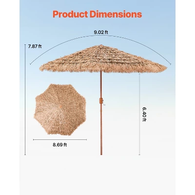 VEVOR Tiki Umbrella, 9 Ft Thatched Patio Umbrella With Tilt, Hawaiian Style Beach Parasol With Durable PP Thatch And 8 Metal Ribs, Original Color 7 VEVOR Tiki Umbrella, 9 Ft Thatched Patio Umbrella With Tilt, Hawaiian Style Beach Parasol With Durable PP Thatch And 8 Metal Ribs, Original Color - Image 7