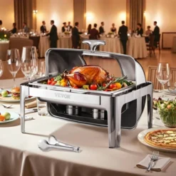 VEVOR Roll Top Chafing Dish Buffet Complete Set, 9 Qt 1 Pack Stainless Steel Chafer With 2 Half Size Pans, Rectangle Catering Warmer Server, Silver