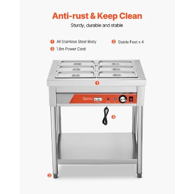 VEVOR 6-Pan Commercial Food Warmer, 6 X 1/3 Pans Electric Steam Table, 1500W Buffet Catering Food Warmer With Undershelf, Stainless Steel,Silver 5 VEVOR 6-Pan Commercial Food Warmer, 6 X 1/3 Pans Electric Steam Table, 1500W Buffet Catering Food Warmer With Undershelf, Stainless Steel,Silver - Image 5