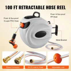 VEVOR Retractable Hose Reel, 100 Ft X 1/2 Inch, 180° Swivel Bracket Wall-Mounted, Garden Water Hose Reel With 9-Pattern Nozzle, Automatic Rewind -Vevor GUEST b1a9be24 13e1 47b8 b481 174d716103d2