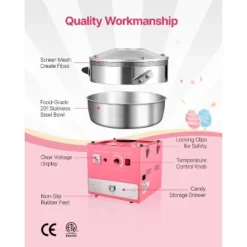 VEVOR Electric Cotton Candy Machine, 1000W Commercial Candy Floss Maker With 20.5 In Stainless Steel Bowl, Sugar Scoop, And Drawer, Pink -Vevor GUEST b27445f6 a85b 45ed 9ef9 d31e530db789