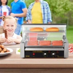VEVOR Hot Dog Roller, 11 Rollers 30 Hot Dogs Capacity, 1650W Stainless Sausage Grill Cooker Machine With Dual Temp Control Glass Hood Acrylic Cover