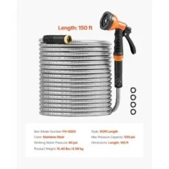 VEVOR Metal Garden Hose 150 Ft, Rust Proof Stainless Steel Water Hose, Heavy Duty Backyard Hose With 10 Function Nozzle, Silver -Vevor GUEST b414be86 093a 4ebd ae46 0b3a9f036001