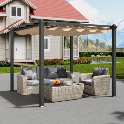 VEVOR 10'x10' Outdoor Retractable Pergola With Canopy, Aluminum Pergola With Retractable Canopy, Modern Pergola With Sun Shade Canopy, Beige 1 VEVOR 10'x10' Outdoor Retractable Pergola With Canopy, Aluminum Pergola With Retractable Canopy, Modern Pergola With Sun Shade Canopy, Beige