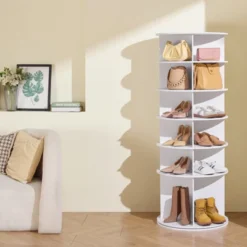 VEVOR 6 Tiers Rotating Shoe Rack Tower, 360°Spinning Shoe Display, Revolving Shoe Rack Storage Round Carousel, Lazy Susan Shoe Rack Organizer, White