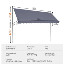 VEVOR 178 X 47" Patio Awning Retractable, Awning Sunshade Shelter With Manual Crank Handle, Adjustable Height From 86 To 122 In, Dark Gray -Vevor GUEST b4df9911 9681 4a0d a66e ff6ae9bda509