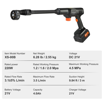 VEVOR Cordless Pressure Washer, 652-PSI 1.0 GPM Portable Power Cleaner, Handheld High-Pressure Car Washer Gun With 4.0Ah Battery, Charger, Black 7 VEVOR Cordless Pressure Washer, 652-PSI 1.0 GPM Portable Power Cleaner, Handheld High-Pressure Car Washer Gun With 4.0Ah Battery, Charger, Black - Image 7