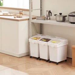 VEVOR Rice Storage Container, 5.2Gallon/20L X3 Capacity Large Dog Food Dispenser Bin, 3 Scoops, And Airtight Lid, 3 Pack, White