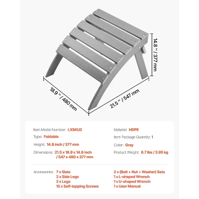 VEVOR Adirondack Ottoman, 21.5L X 18.9W X 14.8H Inch HDPE Plastic Folding Adirondack Ottoman, Weather-Resistant Foot Rest For Adirondack Chair, Gray 7 VEVOR Adirondack Ottoman, 21.5L X 18.9W X 14.8H Inch HDPE Plastic Folding Adirondack Ottoman, Weather-Resistant Foot Rest For Adirondack Chair, Gray - Image 7