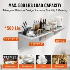 VEVOR 18" X 72" Stainless Steel Shelf, Wall Mounted Floating Shelving With Brackets, 500 Lbs Load Capacity Commercial Shelves -Vevor GUEST b8c4d508 7241 44d8 a25e d5cf4f88b760