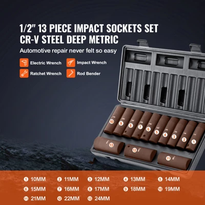 VEVOR 1/2" Drive Impact Socket Set, 13 Piece Deep Socket Set Metric 10-24mm, 6 Point CR-V Alloy Steel For Auto Repair, Easy-to-Read Size Markings 3 VEVOR 1/2" Drive Impact Socket Set, 13 Piece Deep Socket Set Metric 10-24mm, 6 Point CR-V Alloy Steel For Auto Repair, Easy-to-Read Size Markings - Image 3
