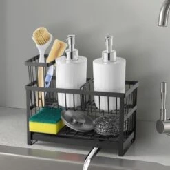 VEVOR Kitchen Sink Caddy Organizer, 2 Tier Sponge Holder For Kitchen Sink With High Brush Holder & Divider, Black