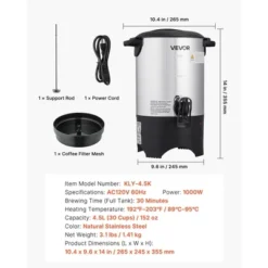 VEVOR Commercial Coffee Urn, 30 Cup 4.5 L Hot Beverage Dispenser With Dripless Faucet, Quick-Brewing Commercial Coffee Maker, Silver -Vevor GUEST ba68c464 ddd1 4b34 a9d8 4c3da1dfa475