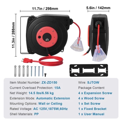 VEVOR Retractable Extension Cord Reel, 45 FT, Heavy Duty 12AWG/3C SJTOW Retractable Power Cord With Lighted Triple Tap Outlet, Black 7 VEVOR Retractable Extension Cord Reel, 45 FT, Heavy Duty 12AWG/3C SJTOW Retractable Power Cord With Lighted Triple Tap Outlet, Black - Image 7