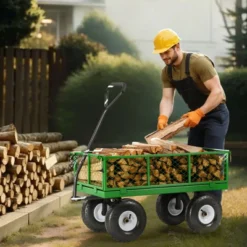 VEVOR 680 Lbs Steel Garden Cart On Wheels, Heavy Duty Garden Wagon Cart Pullable, Metal Outdoor Utility Yard Wagon Carts, Green