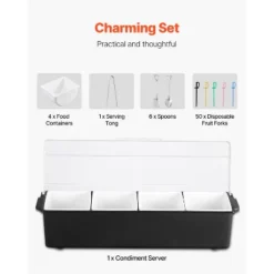 VEVOR Chilled Condiment Server, 4 Compartment Ice Cooled Condiment Serving Container, Chilled Garnish Tray Bar Caddy With Lid, Black -Vevor GUEST bc54eb20 9b01 4d46 a5c5 2e9b08afbac9