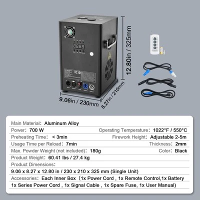 VEVOR Cold Spark Machine, 4 Pack 700W Output Fireworks Controllers, 6.6-16.4ft Adjustable Height, With Advanced DMX System, Screen, Black 7 VEVOR Cold Spark Machine, 4 Pack 700W Output Fireworks Controllers, 6.6-16.4ft Adjustable Height, With Advanced DMX System, Screen, Black - Image 7