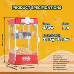 VEVOR Popcorn Maker, 480W Popcorn Popper Machine, 4 Oz Kettle Makes 1.5 Gallon Per Batch, Tabletop Popcorn Maker, Includes 3 Scoops, Red -Vevor GUEST c13710eb f3c4 4daf 84d8 636be87f3109