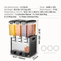 VEVOR Commercial Beverage Dispenser, 3 Tanks 10 L / 10.6 QT Per Tank, 440W Stainless Steel Drink Machine With 45°F-54°F Cooling Temperature 14 VEVOR Commercial Beverage Dispenser, 3 Tanks 10 L / 10.6 QT Per Tank, 440W Stainless Steel Drink Machine With 45°F-54°F Cooling Temperature -Vevor GUEST c217ec52 051c 4c25 a217 c4fe2085cff7
