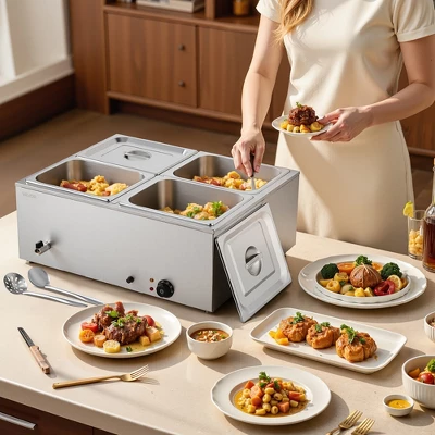 VEVOR Commercial Food Warmer, 1500W Electric Stainless Steel Steam Food Warmer With Lid, 4-Pan Fast Heating Countertop Buffet Bain Marie, Silver 1 VEVOR Commercial Food Warmer, 1500W Electric Stainless Steel Steam Food Warmer With Lid, 4-Pan Fast Heating Countertop Buffet Bain Marie, Silver