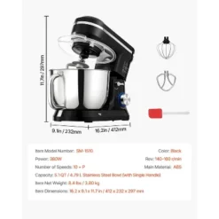 VEVOR Stand Mixer, 5QT Dough Mixer, 10+P Speeds Tilt-head Food Mixer, Kitchen Mixer With Stainless Steel Bowl, Dough Hook, Wire Whip, Black -Vevor GUEST c6e99519 0d53 442f bc01 e9f389557e56