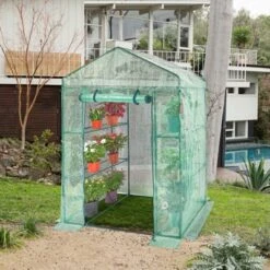 VEVOR Walk-in Green House, 4.6 X 2.4 X 6.7 Ft, Greenhouse With Shelves, High Strength PE Cover With Doors, Windows And Steel Frame,Set Up In Minutes