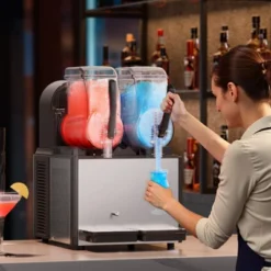 VEVOR Commercial Slushy Machine, 4Lx2 Double Tank Frozen Drink Machine, 32 Cups Stainless Steel Margarita Smoothie Frozen Drink Maker, Black