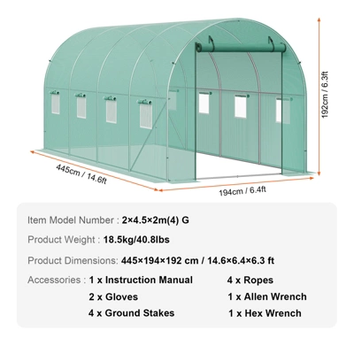 VEVOR Walk-in Tunnel Greenhouse, 14.6x6.4x6.3 Ft Hoop House Greenhouse Tunnel With Galvanized Steel Frame, Green PE Cover, Roll-up Zipper Door 7 VEVOR Walk-in Tunnel Greenhouse, 14.6x6.4x6.3 Ft Hoop House Greenhouse Tunnel With Galvanized Steel Frame, Green PE Cover, Roll-up Zipper Door - Image 7