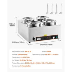 VEVOR Electric Soup Warmer, Four 6.34QT Stainless Steel Round Pot With 86~185°F Adjustable Temp, 1500W Commercial Bain Marie, Silver -Vevor GUEST cb5a9780 381a 409d b983 d94ff87f270c