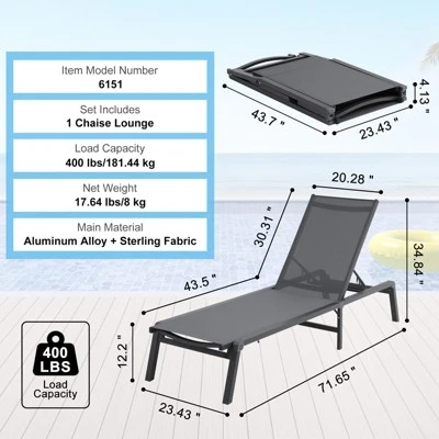 VEVOR Chaise Lounge Chair Outdoor, Aluminum Patio Lounge Chair With Adjustable 5-Position, Folding Pool Lounge Chair 7 VEVOR Chaise Lounge Chair Outdoor, Aluminum Patio Lounge Chair With Adjustable 5-Position, Folding Pool Lounge Chair - Image 7