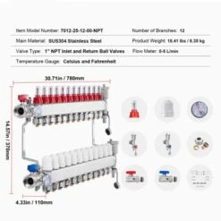 VEVOR 12-Branch Radiant Heat Manifold, 1/2" PEX Tubing Manifold, Stainless Steel PEX Manifold For Hydronic Radiant Floor Heating, Silver -Vevor GUEST cd6cf378 9cf8 4541 b1e3 f3d9f289e370