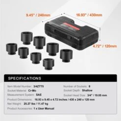VEVOR Axle Nut Impact Socket Set, 3/4" Drive 6-Point 8-Piece SAE Spindle Nut Socket Set, CR-MO Heat Treated Large Socket Set With Storage Case Black -Vevor GUEST ce30244a ea34 46b0 9df6 0a25b77d8998