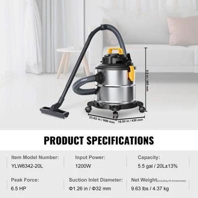 VEVOR Stainless Steel Wet Dry Shop Vacuum, 5.5 Gallon 6 Peak HP Wet/Dry Vac, Powerful Suction, Small Vac Perfect For Carpet Debris, Pet Hair 7 VEVOR Stainless Steel Wet Dry Shop Vacuum, 5.5 Gallon 6 Peak HP Wet/Dry Vac, Powerful Suction, Small Vac Perfect For Carpet Debris, Pet Hair - Image 7