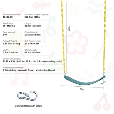 VEVOR 2-Pack Swing Seats, With 66 Inch Coated Chains And Snap Hooks, Support 300 Lbs Swings Replacement For Outdoor Swing Set, Green 7 VEVOR 2-Pack Swing Seats, With 66 Inch Coated Chains And Snap Hooks, Support 300 Lbs Swings Replacement For Outdoor Swing Set, Green - Image 7