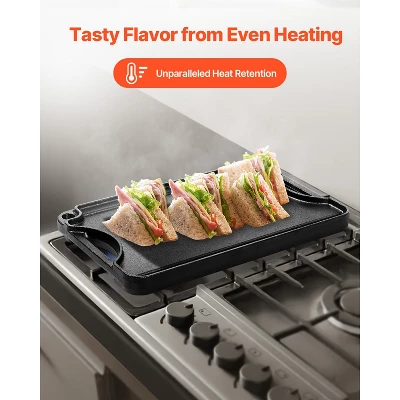 VEVOR Reversible Grill/Griddle, 14x8.5 Inch Pre-Seasoned Cast Iron Griddle, Portable Rectangular Pan With Handle, Family Cookware, Black 6 VEVOR Reversible Grill/Griddle, 14x8.5 Inch Pre-Seasoned Cast Iron Griddle, Portable Rectangular Pan With Handle, Family Cookware, Black - Image 6