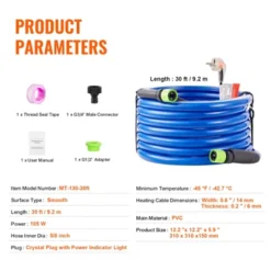 VEVOR 30ft Heated Water Hose For RV, Heated Drinking Water Hose Antifreeze To -45°F, Automatic Self-regulating, 5/8" I.D. With 3/4" GHT Adapter, Blue -Vevor GUEST d21d795e 172c 492a 8fc6 559116099531