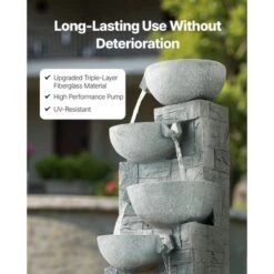 VEVOR Outdoor Water Fountain, 31.5 In Height Fountain And Waterfall, 5-Tier Floor Standing Bowl-Shaped Cascading Fountains With Light And Pump, Gray -Vevor GUEST d36af2de 78e5 42b2 a5e9 02d2b565b47b