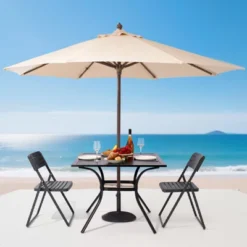 VEVOR Outdoor Patio Dining Table, 37 Inch Square Metal Steel Slat Backyard Bistro Tables, With 1.5 In Umbrella Hole, Black