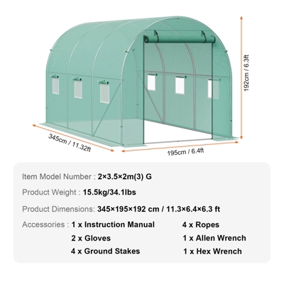 VEVOR Walk-in Tunnel Greenhouse, 11.3x6.4x6.3 Ft Hoop House Greenhouse Tunnel With Galvanized Steel Frame, Green PE Cover, Roll-up Zipper Door 7 VEVOR Walk-in Tunnel Greenhouse, 11.3x6.4x6.3 Ft Hoop House Greenhouse Tunnel With Galvanized Steel Frame, Green PE Cover, Roll-up Zipper Door - Image 7