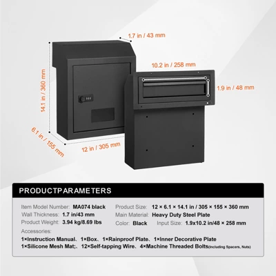 VEVOR Through The Door Key Drop Box, Heavy Duty Steel Through The Door Mailbox With 12" Combination Lock, Mail Drop Box, Black 7 VEVOR Through The Door Key Drop Box, Heavy Duty Steel Through The Door Mailbox With 12" Combination Lock, Mail Drop Box, Black - Image 7