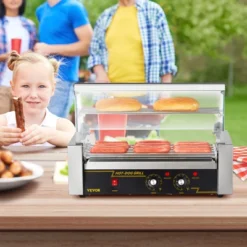 VEVOR Hot Dog Roller 5 Rollers 12 Hot Dogs Capacity, 750W Stainless Sausage Grill Cooker Machine With Dual Temp Control Glass Hood Acrylic Cover
