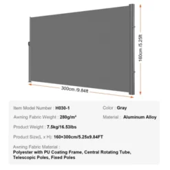 VEVOR Retractable Side Awning, 63''x 118'' Aluminum Outdoor Privacy Screen, 280g Polyester Water-proof Retractable Patio Screen, Gray -Vevor GUEST d6e3debe 322a 446b 9ed5 991f834c25cf