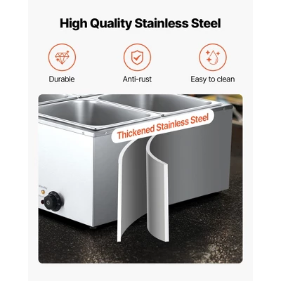 VEVOR Commercial Food Warmer, 1500W Electric Stainless Steel Steam Food Warmer With Lid, 4-Pan Fast Heating Countertop Buffet Bain Marie, Silver 4 VEVOR Commercial Food Warmer, 1500W Electric Stainless Steel Steam Food Warmer With Lid, 4-Pan Fast Heating Countertop Buffet Bain Marie, Silver - Image 4