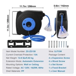 VEVOR Retractable Extension Cord Reel, 50 FT, Heavy Duty 14AWG/3C SJTOW Retractable Power Cord With Lighted Triple Tap Outlet, Black -Vevor GUEST d9f61d3d 7201 43e9 a8a6 e65fe2a02069