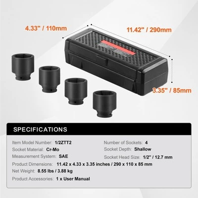 VEVOR Axle Nut Impact Socket Set, 1/2" Drive 6-Point 4-Piece SAE Spindle Nut Socket Set, CR-MO Heat Treated Large Socket Set With Storage Case Black 7 VEVOR Axle Nut Impact Socket Set, 1/2" Drive 6-Point 4-Piece SAE Spindle Nut Socket Set, CR-MO Heat Treated Large Socket Set With Storage Case Black - Image 7
