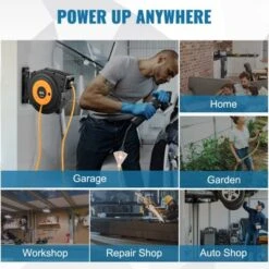 VEVOR Retractable Extension Reel, 50 FT 14AWG/3C SJTOW Power Cord With Lighted Triple Tap Outlet, 13 Amp Circuit Breaker, 180° Swivel Bracket